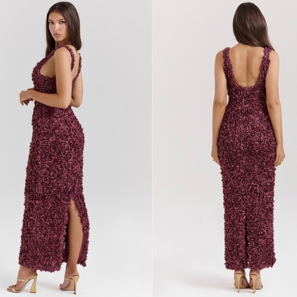 House of CB ‘Carena’ Merlot Plunge Floral Appliqué Maxi Dress NWOT - Picture 3 of 7
